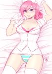 1girl bed blue_eyes bra breasts clothed eyebrows_visible_through_hair female female_only friendship_is_magic gloves humanized looking_at_viewer lying my_little_pony nurse nurse_cap nurse_redheart nurse_redheart_(mlp) nurse_uniform on_bed panties pink_hair short_sleeves solo stockings striped_panties uniform white_stockings 
