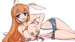  1girl aegis_(nerocc) between_breasts big_breasts blue_eyes blush breasts bunny_ears bunny_girl carrot charlotte_e_yeager hair long_hair looking_at_viewer miniskirt orange_hair smile strike_witches 