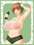 1girl alternate_breast_size atlus belly bottle breasts brown_eyes brown_hair chie_satonaka cleavage female hair highres huge_breasts jcdr midriff navel persona persona_4 satonaka_chie see-through short_hair shorts solo sweat wet_clothes