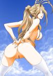 1girl aa_megami-sama anus ass belldandy bracelet breasts brown_hair censored cloud earrings facial_mark forehead_mark goddess highres jewelry joy_division large_breasts long_hair looking_at_viewer looking_back mosaic_censoring nude oh_my_goddess! one_eye_closed ponytail pussy sky solo spread_legs thighhighs wink 