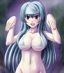 1girl abriel00 big_breasts bikini blue_hair breasts long_hair navel open_mouth pale_skin quiz_magic_academy red_eyes satsuki_(quiz_magic_academy) see-through smile solo swimsuit