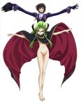  1boy 1girl barefoot black_hair blush bottomless c.c. cape cc clothed_male_nude_female code_geass gloves green_hair highres jpeg_artifacts legs lelouch_lamperouge long_hair looking_at_viewer naked_cape navel no_panties nude nude_filter open_mouth outstretched_arms photoshop purple_eyes pussy short_hair simple_background spread_arms standing thigh_gap thighs uncensored white_background yellow_eyes 