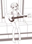  1girl acoustic_guitar barefoot feet flat_chest guitar instrument long_hair looking_at_viewer monochrome nude pussy quiz_magic_academy shalon sitting solo yada_ei 