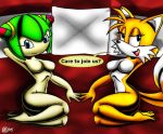  2girls animal_ears blue_eyes breasts cosmo_the_seedrian furry green_hair hair looking_at_viewer miles_&quot;tails&quot;_prower multiple_girls nude short_hair smile sonic tail text 