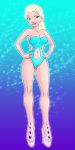 1girl big_breasts blonde_hair blue_eyes braid breasts cleavage elsa elsa_(frozen) female female_only frozen_(movie) full_body hands_on_hips high_heels human light_blue_swimsuit navel one-piece_swimsuit platform_heels solo swimsuit tall_image zfive