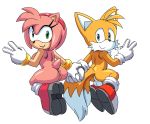  1girl amy_rose anthro anus backsack blue_eyes breasts canine coolblue fox furry green_eyes hand_holding happy hedgehog male mammal miles_&quot;tails&quot;_prower mostly_nude pussy sega simple_background smile testicles white_background 