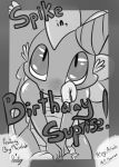  1girl 2013 blush condom cover cover_page dragon english_text filled_condom friendship_is_magic greyscale hat high_res holding_condom holding_object looking_at_viewer male monochrome my_little_pony party_hat saurian_(artist) scalie spike text 