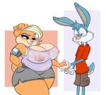  1girl 2016 anthro areola belly big_breasts breasts buster_bunny duo erect_nipples furry huge_breasts joelasko lagomorph male mammal mature_female nipples patricia_bunny rabbit slightly_chubby smile tiny_toon_adventures warner_brothers 
