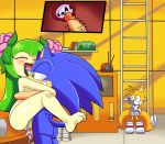 1girl 2boys animal_ears blush closed_eyes cosmo_the_seedrian cosmo_the_seedrian_(adult) cum dreamcastzx1 furry green_eyes green_hair hair long_hair miles_&quot;tails&quot;_prower multiple_boys penis sex smile sonic sonic_the_hedgehog tail