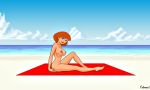  1girl ann_possible ass beach beach_blanket breasts female_only fnbman kim_possible legs looking_at_viewer nude ocean one_leg_up redhead sky 