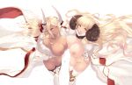 2_girls anila_(granblue_fantasy) big_breasts blonde_hair breasts brown_eyes cape gloves granblue_fantasy horns kumbhira_(granblue_fantasy) large_filesize nipples partially_clothed stockings very_high_resolution
