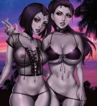  2girls abs breasts dc dc_comics eyebrows fishnets forehead_jewel grey_skin hair looking_at_viewer multiple_girls navel nipples o-ring parted_lips raven_(dc) tattoo teen_titans 