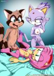  1boy 2girls amy_rose animal_ears archie_comics bbmbbf bed blaze_the_cat blue_eyes breasts furry green_eyes hair looking_at_another mobius_unleashed multiple_girls nipples nude palcomix penis pillow pink_hair pussy radix sega short_hair smile sonic_(series) sonic_the_hedgehog_(series) tail yellow_eyes 