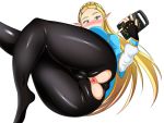  1girl anal_access ass_focus blonde_hair cameltoe exposed_anus female_only green_eyes high_resolution holding_object itomaruzz long_hair looking_at_viewer looking_down pointy_ears princess_zelda shiny_ass the_legend_of_zelda 