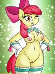  1girl apple_bloom big_breasts breasts cute friendship_is_magic gloves hair hairbow long_hair looking_at_viewer my_little_pony nipples nude pussy red_hair smile tail wink yellow_eyes 