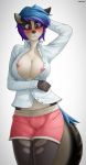 1girl 2016 anthro blue_hair blush breasts bulge buttons clothed clothing derpah dickgirl english_text furry hair intersex mammal marble_soda multicolored_hair nipples open_shirt purple_eyes purple_hair shirt shorts signature simple_background teeth text white_background 