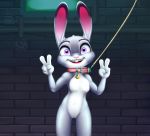  1girl alec8ter anthro buckteeth collar collar_tag disney double_v flat_chested front_view furry huebree judy_hopps lagomorph leash looking_at_viewer mammal nude open_mouth pussy rabbit smile teeth text v zootopia 