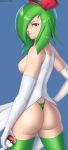  1girl ass cosplay exposed_breasts female female_human female_only gloves green_hair green_stockings green_thong hair_over_one_eye herunite kirlia long_gloves looking_at_viewer partially_clothed pokeball pokemon red_eyes short_hair sideboob solo standing stockings thong white_gloves 