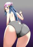 1girl ass big_ass blue_eyes blue_hair blush creatures_(company) dawn_(pokemon) female female_human female_only game_freak hat hikari_(pokemon) human humans_of_pokemon long_blue_hair long_hair looking_at_viewer looking_back mostly_nude nintendo panties pokemon pokemon_(anime) pokemon_(game) pokemon_black_and_white pokemon_bw pokemon_dppt solo topless 