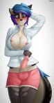  1girl 2016 anthro blue_hair blush breasts bulge buttons clothed clothing derpah dickgirl english_text erection furry glans hair humanoid_penis intersex mammal marble_soda multicolored_hair nipples open_shirt penis precum purple_eyes purple_hair shirt shorts signature simple_background text white_background 