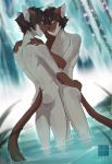 2016 anthro arno_(peritian) ass black_hair blue_eyes brown_fur brown_hair cat celio_(peritian) duo embrace eye_contact feline fumiko fur furry grey_fur hair hand_on_butt hand_on_shoulder male male/male mammal multicolored_fur nude open_mouth original original_character outside partially_submerged rear_view siamese sibling smile smirk tan_fur twins water waterfall watermark wet