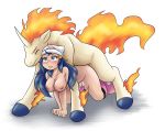  1girl all_fours ambris beastiality big_breasts blue_eyes blue_hair blush boots breasts cute dawn from_behind hair horse long_hair nipples nude pokemon rapidash sex smile source_request tail 
