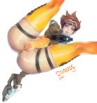 1girl anus ass big_ass brown_hair cameltoe change_(artist) fuckable green_eyes insanely_hot looking_at_viewer overwatch pussy smile tracer_(overwatch)