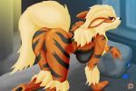 1girl 2016 all_fours anthro arcanine ass battle_tiger_(artist) bed breasts fur furry highres mammal nintendo nude orange_eyes patreon pokemon pokemorph pussy smile video_games