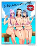 2022 3_girls 3girls absurdres arm_up arms asymmetrical_docking bangs bare_shoulders beach belly big_breasts big_chest big_forehead bikini black_hair blue_eyes blue_hair blue_sky blush boa_hancock breast_docking breast_press breasts bust byakugan cheeks chest crossed_legs crossover ear_piercing earrings eyebrows eyelashes female female_only fingers flip_flops footwear forehead gigantic_breasts hair highres highschool_of_the_dead hinata_hyuuga huge_breasts hyper_breasts kiss_mark knees kogeikun legs long_hair looking_at_viewer multiple_girls naruto naruto_(series) naruto_shippuden naruto_shippuuden navel neck ocean one_eye_closed one_eye_open one_piece open_mouth outside partially_undressed piercing pink_hair ponytail postcard purple_hair saeko_busujima shoulders shounen_jump sitting sky smile swimsuit teeth text thighs throat top_heavy v very_long_hair violet_hair web_address web_address_without_path white_eyes wish_you_were_here