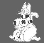  1girl aintsmart anthro boob_hat bottomless breasts cat clothed clothing collar feline furry hoodie male mammal monochrome nipple_tape nude pasties size_difference tape 