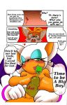  1girl age_difference anthro bat big_breasts blue_eyes blush breasts canine comic condom cub dialogue digital_media_(artwork) duo english_text erection fox furry hair heart holding_condom holding_object huge_breasts humanoid_penis male male/female mammal michiyoshi miles_&quot;tails&quot;_prower nude orange_hair penis rouge_the_bat sagging_breasts sega smile text wearing_condom white_hair wings 