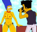  blue_hair breasts erect_nipples marge_simpson pearls photoshoot the_simpsons thighs thong yellow_skin 