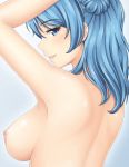 1girl areola armpits arms_up back bare_shoulders big_breasts blue_eyes blue_hair breasts double_bun high_resolution kantai_collection looking_at_viewer looking_back nipples nude ogoro sideboob smile upper_body urakaze_(kantai_collection) white_background 