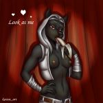  1girl 2013 anthro banana belly breasts canine clothed clothing dialogue digital_media_(artwork) english_text food fruit furry heart highres jacket kostos_art looking_at_viewer mammal midriff navel nipples open_mouth open_shirt pants red_eyes suggestive suggestive_food teasing text tongue tongue_out unzipped vest wolf 