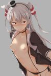  1girl 1girl amatsukaze_(kantai_collection) black_panties blush breasts brown_eyes gloves grey_background hat heart heart-shaped_pupils kantai_collection long_hair nipples panties silver_hair simple_background single_glove small_breasts spirytus_tarou sweatdrop symbol-shaped_pupils tied_hair twin_tails underwear white_gloves 