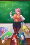  bellchan_(manipper) breast_expansion breasts femsub hair huge_breasts long_hair manip pantyhose pink_hair remote_control spiral_eyes teacher tech_control text 