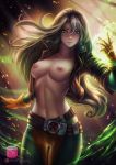  1_girl 1girl anna_marie areola axsens big_breasts breasts brown_hair exposed_breasts female female_only green_eyes high_resolution long_hair looking_at_viewer marvel marvel_comics multicolored_hair navel nipples nude partially_clothed rogue solo standing two-tone_hair uncensored white_hair x-men 