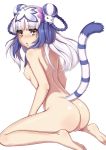  1girl 1girl :o animal_ears ass bangs barefoot between_legs blunt_bangs breasts double_bun eyebrows eyebrows_visible_through_hair feet from_behind hair_ornament hairpin haku_(puzzle_and_dragons) hand_between_legs high_resolution looking_at_viewer looking_back nekomimi nipples nude open_mouth purple_hair puzzle_and_dragons simple_background sitting small_breasts soles toes tsurime two-tone_background wada_masanori wariza white_background white_hair 