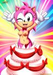  1girl amy_rose amy_rose_(classic) arms_up bbmbbf birthday_cake black_eyes bowtie breasts cake cute eyelashes furry gloves hairband hedgehog mobius_unleashed navel nipples palcomix panties pattern_background pink_fur pinup rosy_the_rascal sega smile sonic_(series) sonic_the_hedgehog_(series) surprise topless wink 