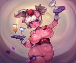 1girl anthro beverage big_breasts blonde_hair blush bottomless breasts clothed clothing condom condom_decoration cyancapsule emelie emelie_(cyancapsule) filled_condom furry hair hat high_res mammal nipples pig pigtails porcine purple_eyes pussy slightly_chubby uniform voluptuous wide_hips
