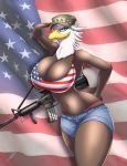  1girl 2016 absurd_res american_flag american_flag_bikini_top american_flag_shirt anthro ar15 armpits assault_rifle avian bald_eagle beak big_breasts big_thighs bird blue_eyes bra breasts cleavage clothed clothing denim_shorts eagle furry gun hat high_res huge_breasts looking_at_viewer metalfoxxx midriff navel ranged_weapon rifle salute shorts signature stars_and_stripes thong underwear united_states_of_america usa voluptuous weapon wide_hips 