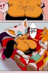  1girl anthro bat big_breasts blue_eyes blush bra breasts canine cleavage clothed clothing comic dialogue digital_media_(artwork) duo english_text fox furry hair huge_breasts male mammal michiyoshi miles_&quot;tails&quot;_prower orange_hair rouge_the_bat sega smile sports_bra text underwear white_hair wings 