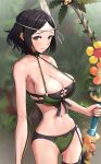  1girl 1girl 1girl alluring alternate_costume bare_arms bare_shoulders big_breasts bikini black_eyes black_hair blurry blurry_background blush breasts commentary_request cowboy_shot feather_hair_ornament feathers female_only fire_emblem fire_emblem_awakening fire_emblem_heroes flower gonzarez green_bikini green_swimsuit hair_ornament high_res looking_at_viewer navel nintendo noire_(fire_emblem) noire_(summer)_(fire_emblem) official_alternate_costume orange_flower short_hair standing stomach swimsuit yellow_flower 