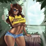 1girl 2016 anthro beaver blue_eyes breasts clothed clothing conditional_dnp eyewear forest furry glasses lake looking_at_viewer mammal mrawl navel rodent shirt shorts skimpy smile stump tree