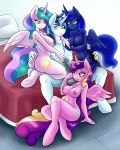  1girl 2016 ambris animal_genitalia animal_penis anthro anthrofied ass aunt aunt_and_niece bed blue_eyes blue_feathers blue_hair breasts cutie_mark equine equine_penis erection eyelashes feathered_wings feathers friendship_is_magic furry group hair half-closed_eyes hand_on_butt highres hooves horn husband_and_wife long_hair male mammal mature_female multicolored_hair multicolored_tail my_little_pony nipples nude on_bed penis pillow pink_feathers princess_cadance princess_celestia princess_luna purple_eyes shining_armor sibling sisters sitting smile testicles two_tone_hair unicorn white_feathers winged_unicorn wings 