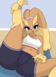  1girl 1girl 2019 4_fingers anthro blue_eyes blush breasts clothed clothing digital_media_(artwork) fingers lagomorph looking_at_viewer lopunny mammal nintendo open_mouth pinkcappachino pok&eacute;mon pok&eacute;mon_(species) presenting raised_leg smile thick_thighs video_games yoga 