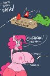  1girl 2015 alligator anthro areola big_breasts breasts crocodilian earth_pony english_text equine erect_nipples feral friendship_is_magic furry gummy_(mlp) high_res holding_breast horse huge_breasts hugtastic_pinkie_pie lactating male mammal milk my_little_pony nipples pinkie_pie_(mlp) pony reptile scalie somescrub text 