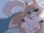  1girl 1girl anthro anthrofied bed bedroom_eyes breasts canid canine furniture looking_at_viewer lycanroc lying mammal midday_lycanroc narrowed_eyes nintendo nipples on_bed on_side pinkcappachino pok&eacute;mon pok&eacute;mon_(species) pok&eacute;morph seductive smile video_games 