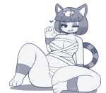 &lt;3 1girl 1girl 2018 animal_crossing ankha_(animal_crossing) anthro areola blue_and_white breasts digital_media_(artwork) domestic_cat egyptian felid feline felis hair looking_at_viewer mammal monochrome nintendo one_eye_closed open_mouth pinkcappachino short_hair short_stack simple_background uraeus video_games white_background wink wraps 