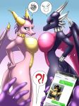  1girl 2016 ?! amber_steel anthro anthrofied armpits big_breasts bracelet breast_squish breasts breasts_frottage cellphone collar comparing comparing_breasts cynder dragon duo_focus ember_(spyro) equine furry gold_(metal) group high_res horn jewelry male mammal metalfoxxx nude phone spyro spyro_the_dragon video_games wings 